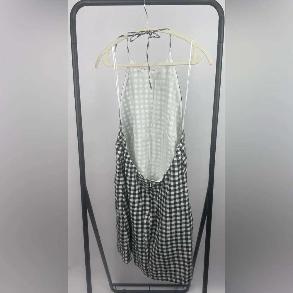 Abercrombie & Fitch Gingham Halter Mini Dress Large Tall Black White Linen Blend - Picture 8 of 11